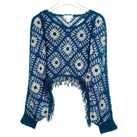 House of Harlow 1960 Crochet Knit Cropped Fringe Pullover Poncho Top O/S - Picture 1 of 7